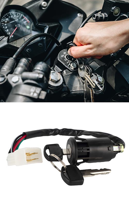 motorcycle key in the ignition (top) and a replacement ignition (bottom)