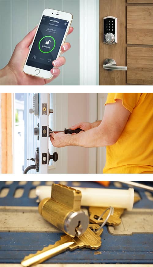 residential services: smart lock installation (top), lock installation (middle), and lock rekeying (bottom).